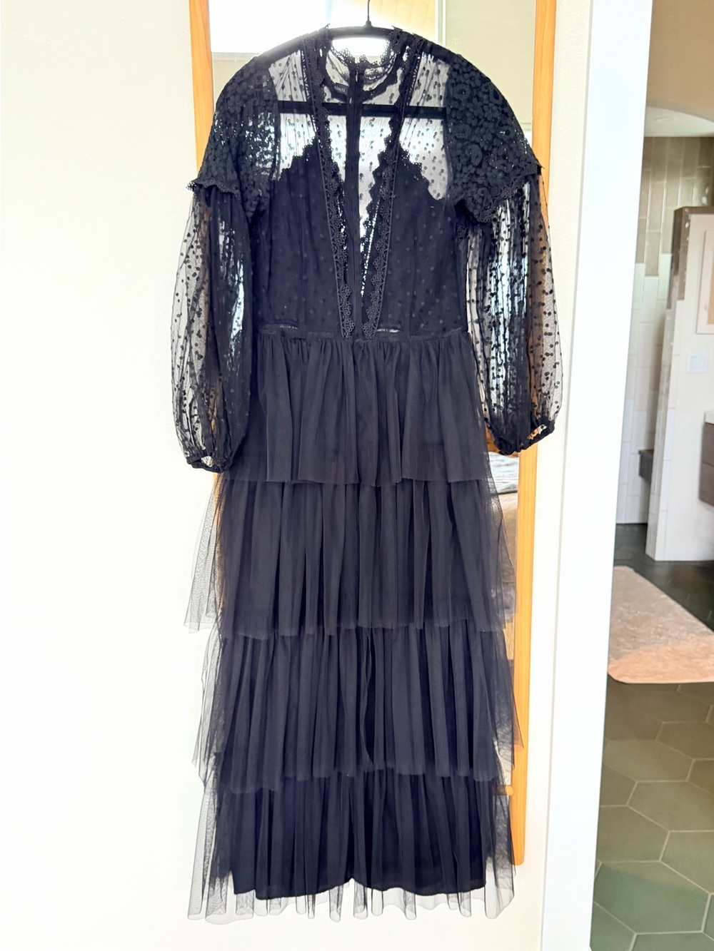 Black Tiered Lace & Tulle Midi Dress